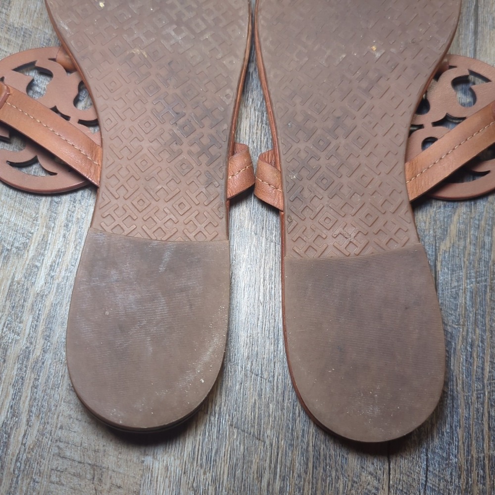 Tory Burch Miller Sandals Vintage Vachetta Tan Leather Medallion Logo Size 9 - Picture 13 of 14